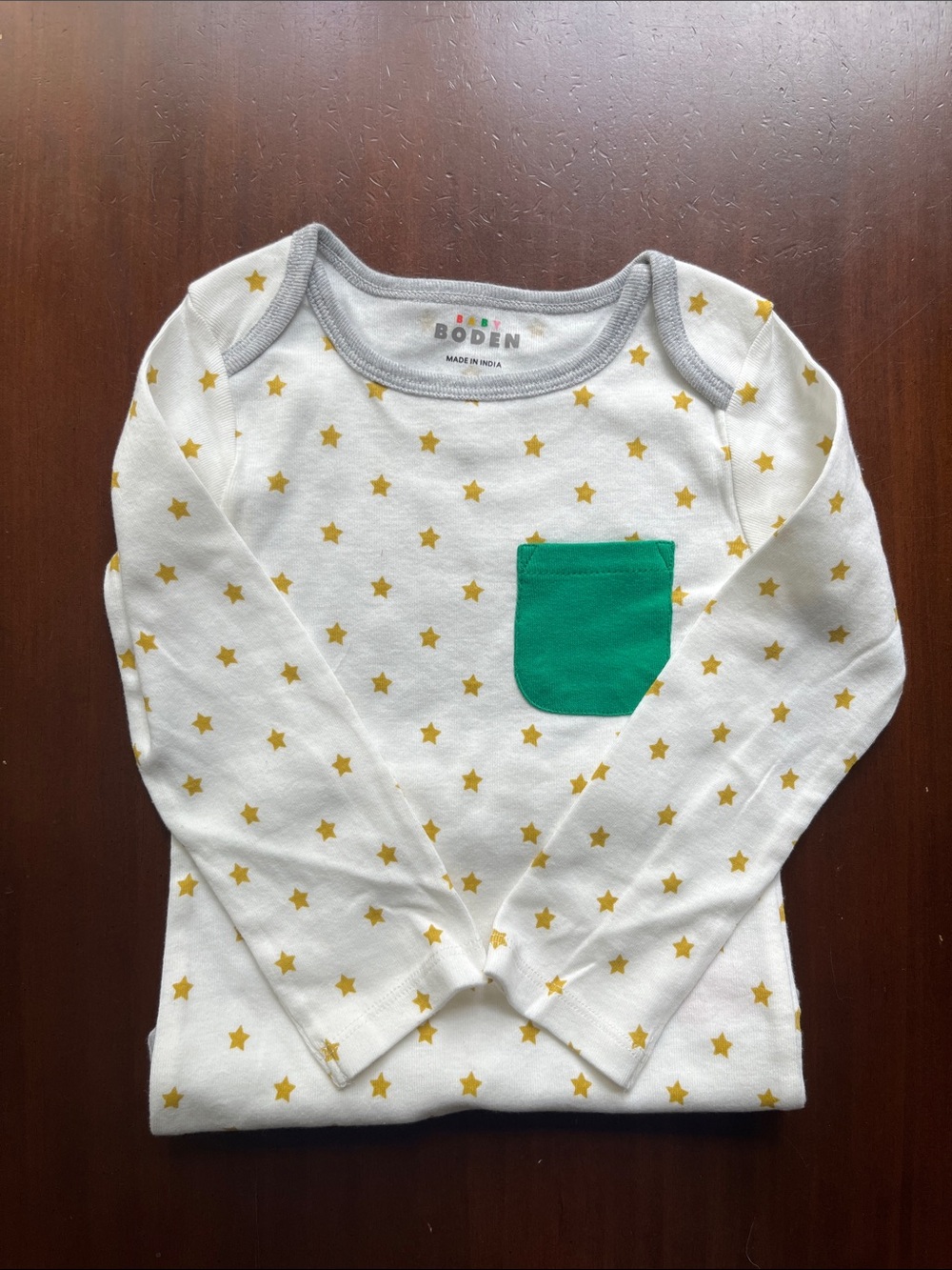Baby Boden Star Print Long Sleeve Onesie with Green Pocket
